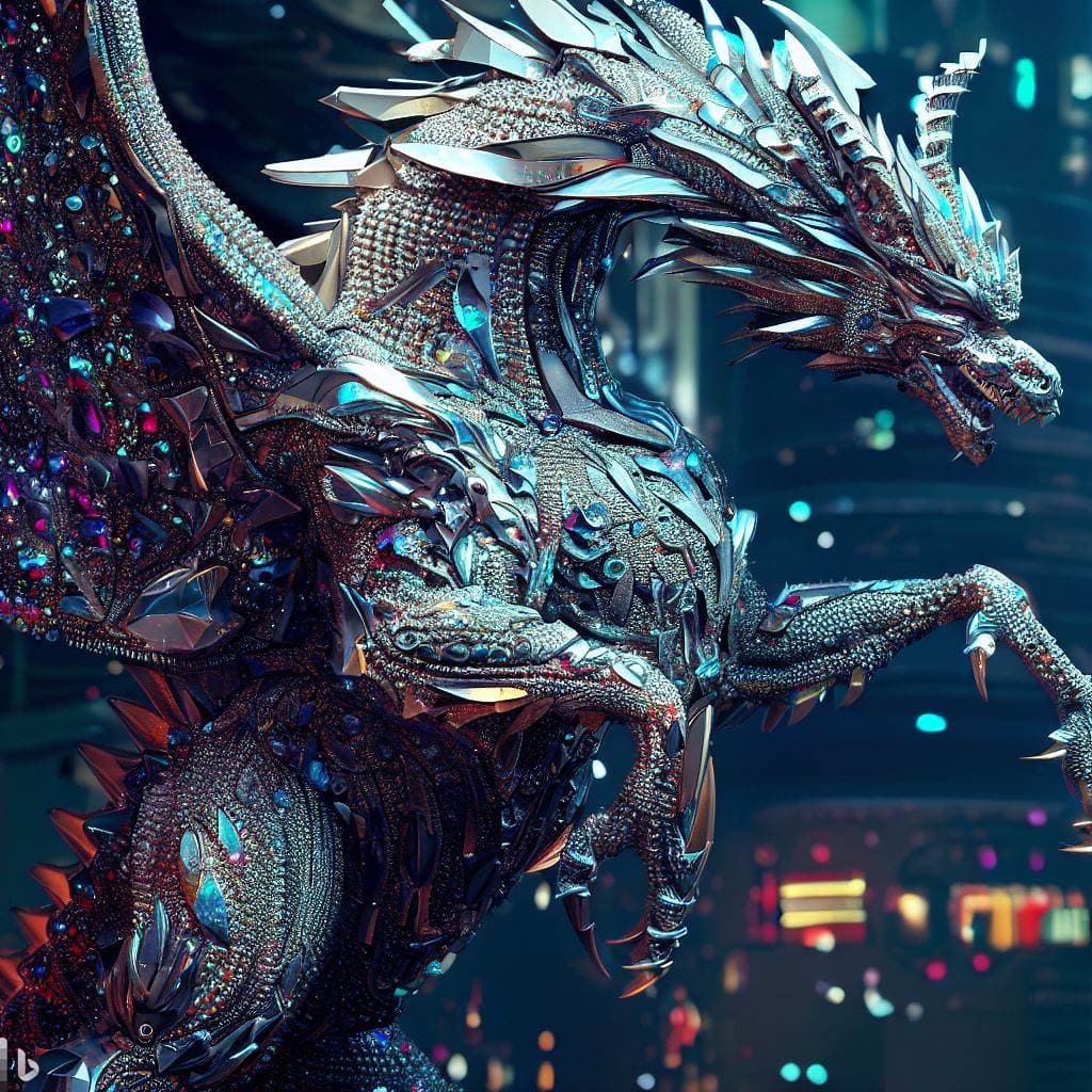 AI generated: full body image of an intricately detailed diamond encrusted dragon in a cyberpunk city