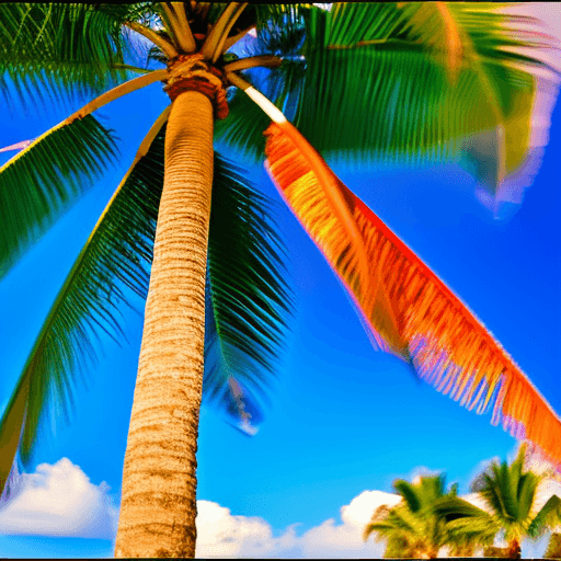 AI generated: tanned skin, happy smile, palm beach natural resort, colorful dramatic evening sky, bokeh, hyperreal...