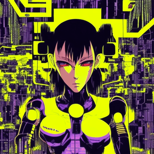 AI generated: early techno rave music inspired by ghost in the shell, 90s manga aesthetic, expressive face, yellow...