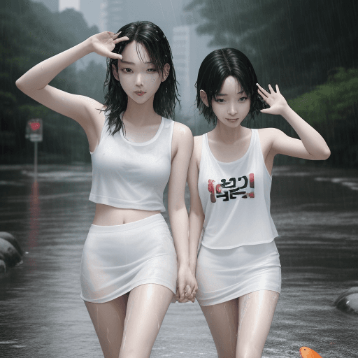 AI generated: 2 young Korean women, kpop idols, 30 years old, naturally beautiful, cute, wearing sleeveless t-shir...