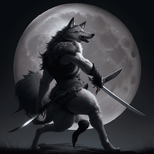 AI generated: a wolf wearing a blindfold over its eyes carrying a sword, with a full moon behind him, hyper realis...