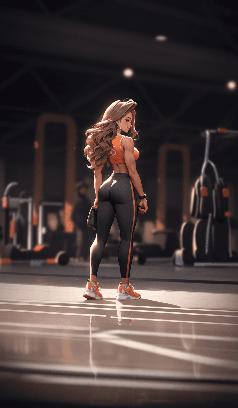 AI generated: Beautiful American girl fitness trainer, stands and shows her perfect figure to her full height, ful...