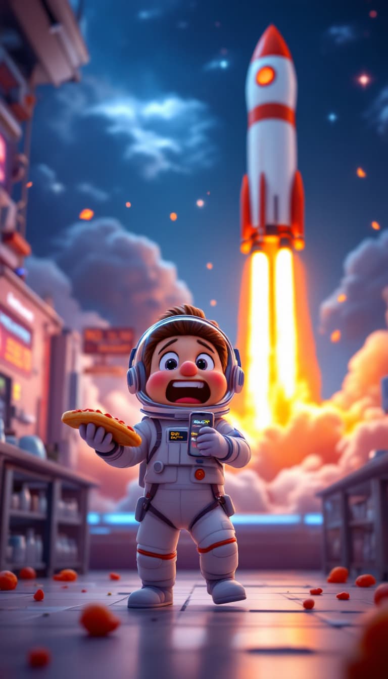 AI generated: A 3D cartoon scene of a joyful astronaut standing in a space station cafeteria holding a phone with ...