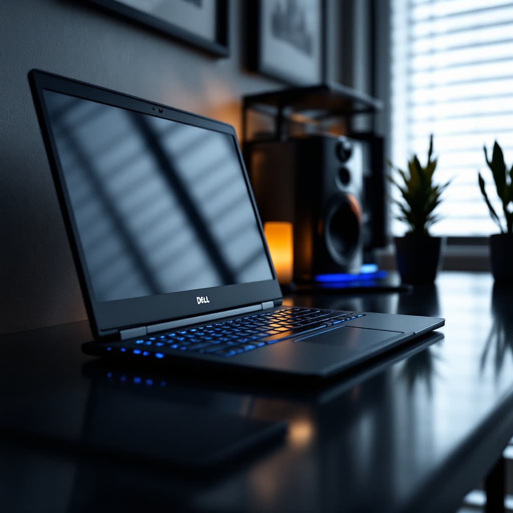 AI generated: photograph, productive workspace, Dell Latitude 5400, professional and modern setup, dark gray and b...