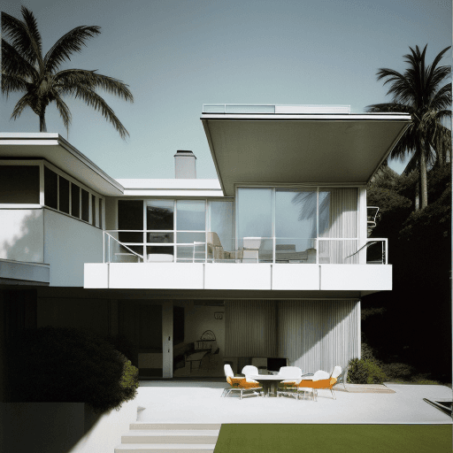 AI generated: Hyper realistic eye level exterior photo of a mid century modern style house overlooking the ocean, ...