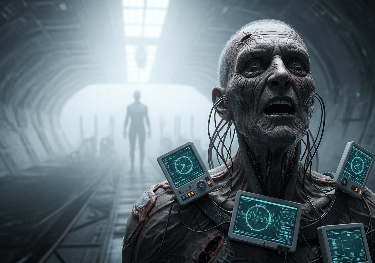 AI generated: In the distant future we see a grey old face, deep scars, a wizened body, deep wounds, wires, monito...