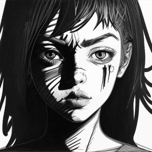 AI generated: Scratchy pen strokes, blind contour, fisheye perspective closeup, beautiful girl, s face in darkness...