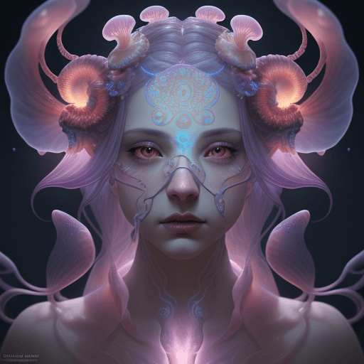 AI generated: Goddess close-up portrait ribcagel. jellyfish phoenix head, nautilus, orchid, skull, betta fish, bio...
