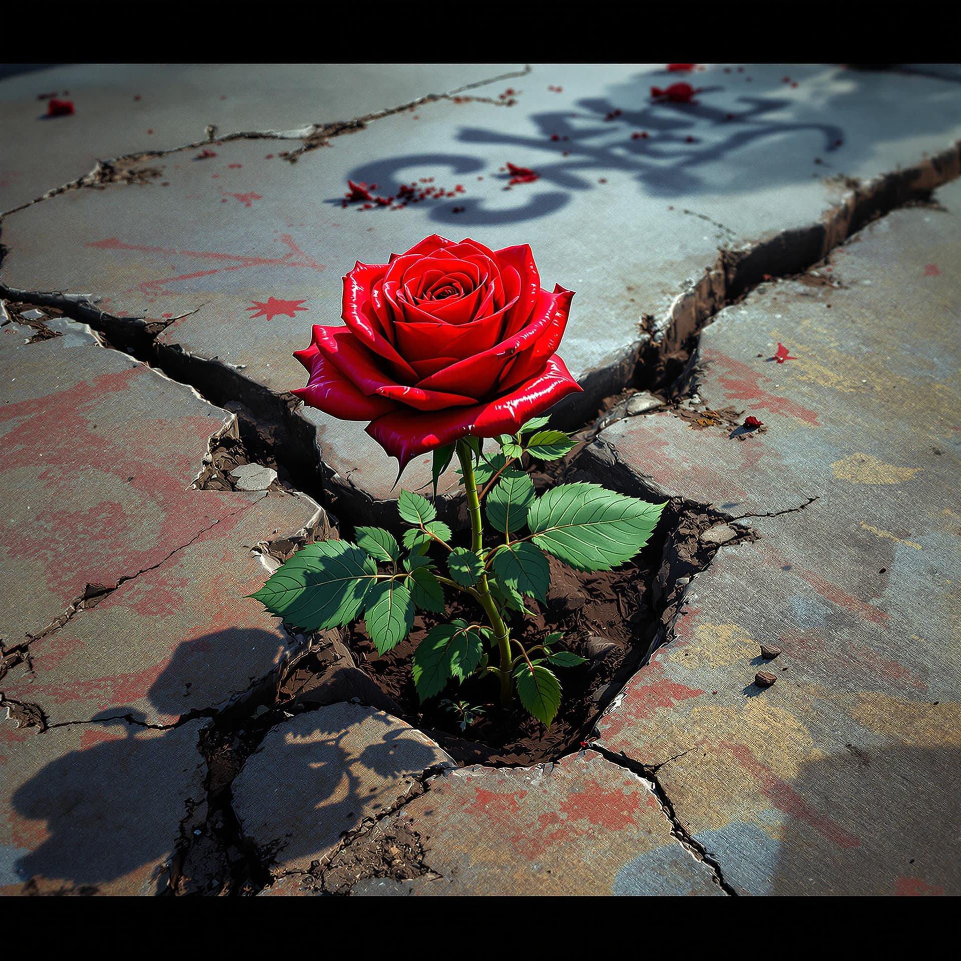 AI generated: the pov is looking down at a BRIGHT RED shiny red rose growing out of concrete sidewalk, there are c...