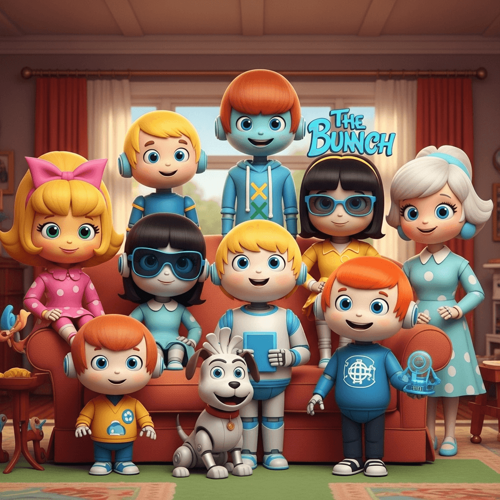 AI generated: The Brady Bunch but instead of humans it's a family of extremely cute and adorable AI agents and rob...