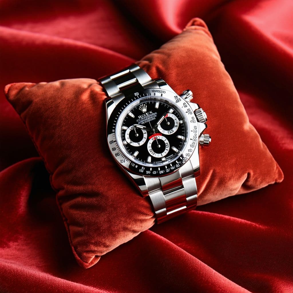 AI generated: Rolex Daytona on a red velvet pillow.