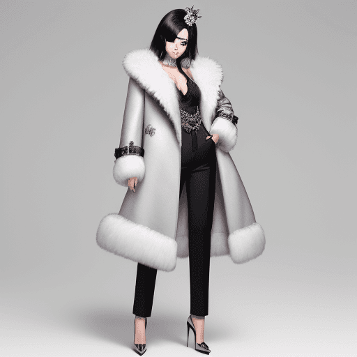 AI generated: fur collar + fur-trimmed coat + hair ornament + hair over one eye + high heels + pants + v-neck