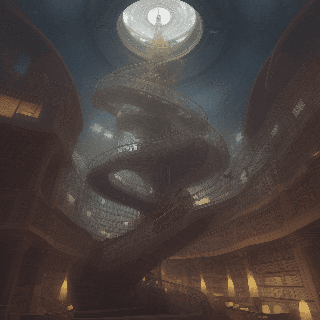 AI generated: climbing celestial library spiraling with light, books, library all around in order in isles, escher...