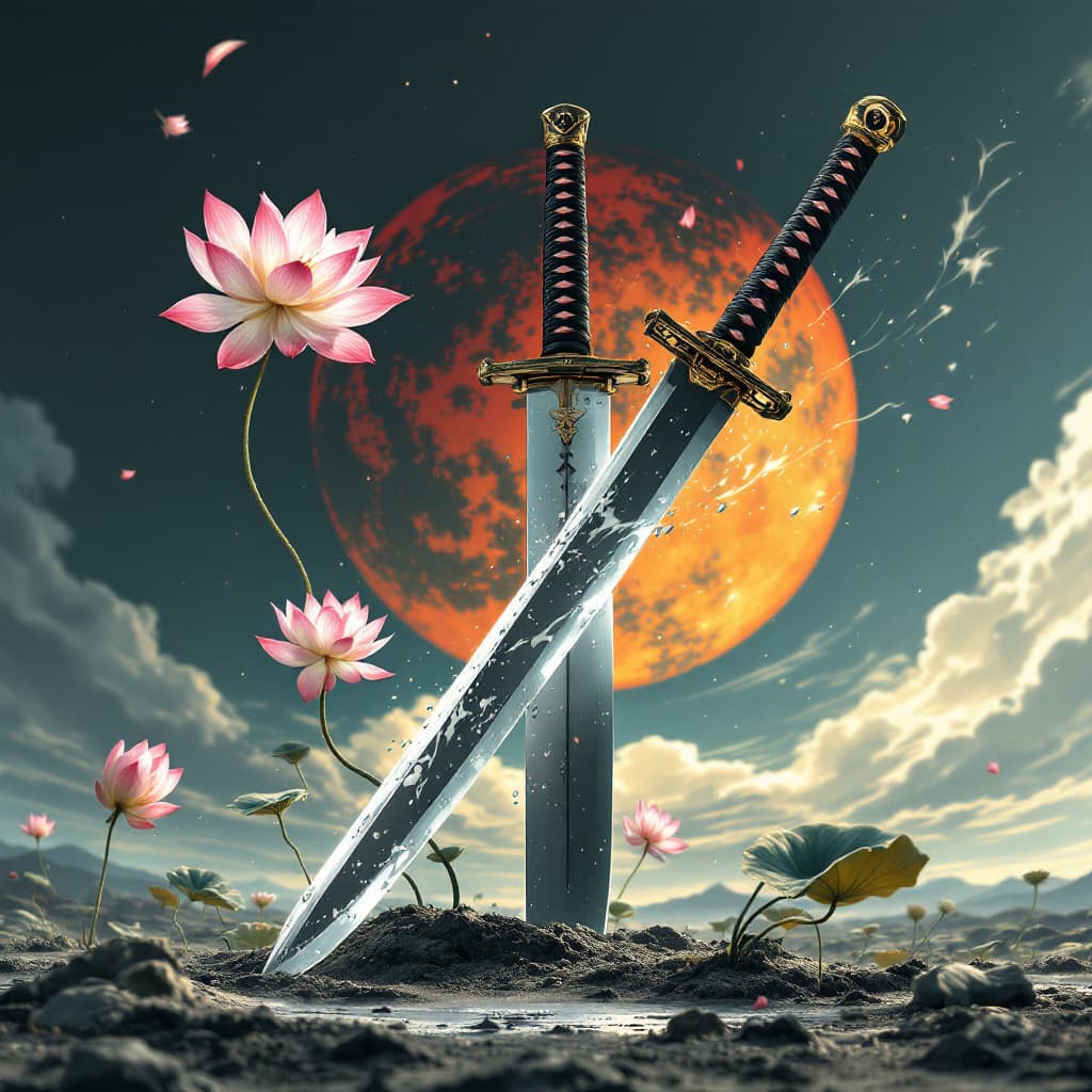 AI generated: a Japanese sword stuck in the ground with lotus rouses carried by the wind in the back ground 
