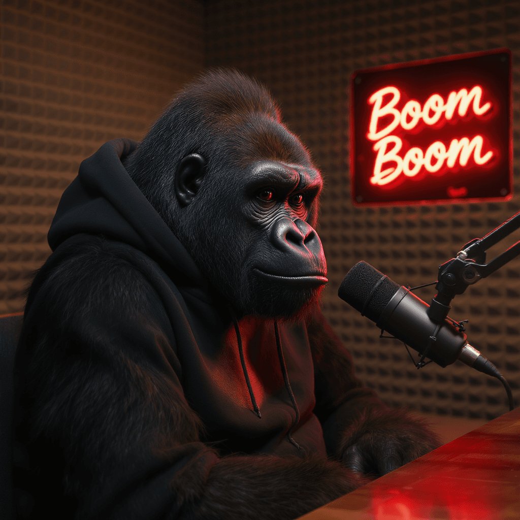 AI generated: Ultra-realistic Gorilla in a podcast booth, hoodie on, leaning toward a podcast microphone, low warm...