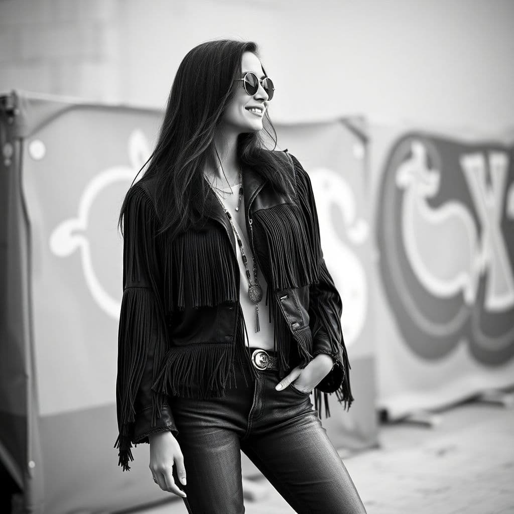 AI generated: ubsurdres detail  black and white  style stipulated beautiful hippy women wearing a fringe jacket an...