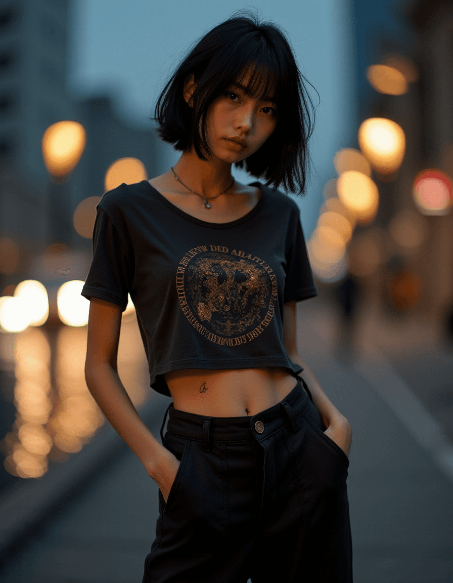 AI generated: High fashion half body photo of a 25 year old asian female supermodel, very thin, small breast, flat...