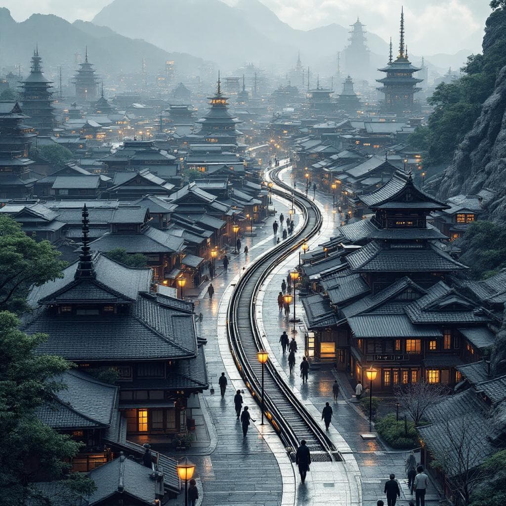 AI generated: Display an aerial view of a sleek, futuristic Old Japanese City, a reminder of the rough terrain of ...