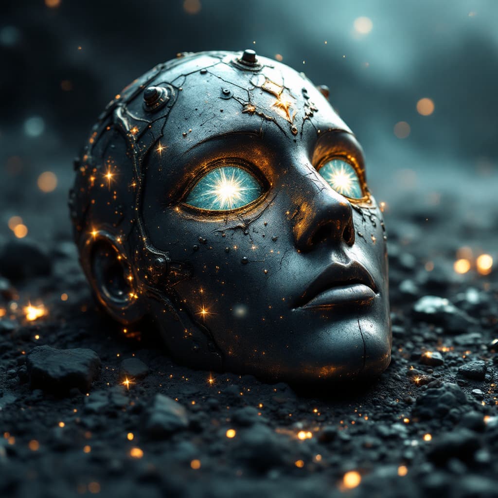 AI generated: A photorealistic image depicting the "Universe" with a distant shot of a weathered, metallic, patina...
