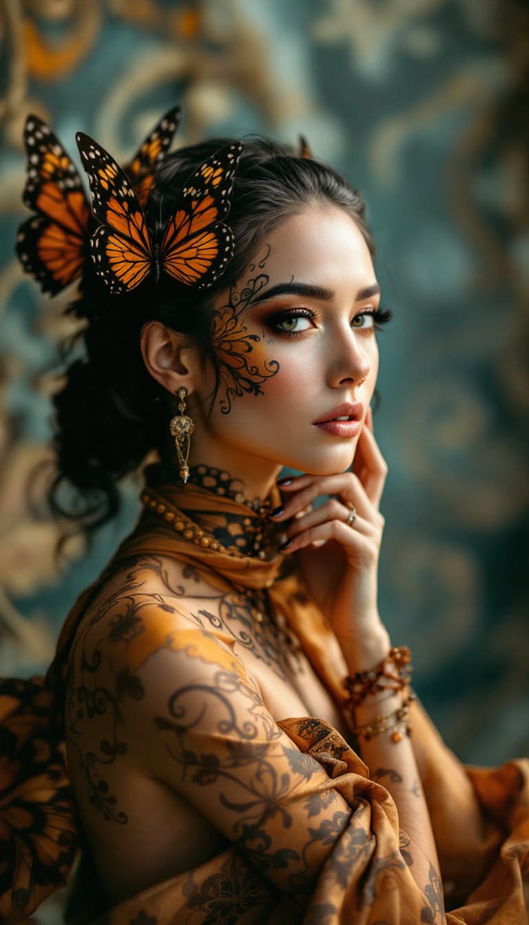 AI generated: An ultra-realistic, full-length attractive woman who seems to move with the grace of a dancer, adorn...
