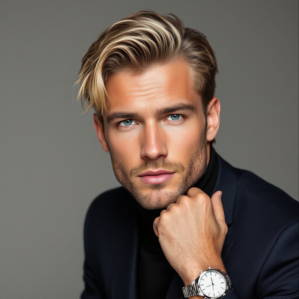 AI generated: Studio portrait of a 26-year-old white American man, sun-kissed skin, side-parted sandy blonde hair,...