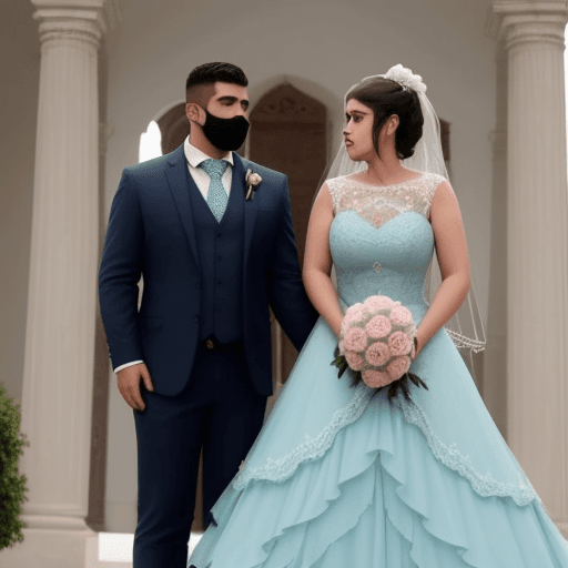 AI generated: Mujer con vestido de novia sentada y novio con traje celeste de rodillas frente a ella tomando su ma...