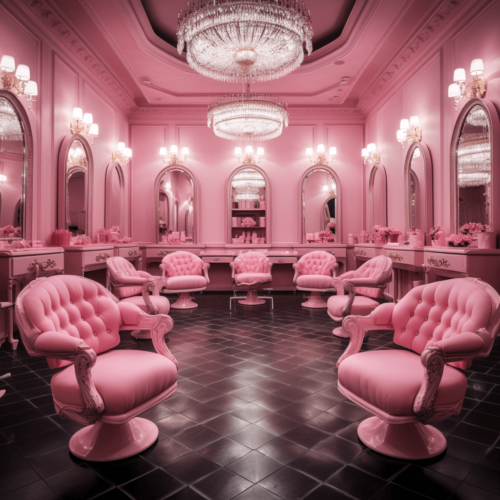 AI generated: a pink themed salon, with pink chairs and pink tables, in the style of babycore, elegant , romantic ...