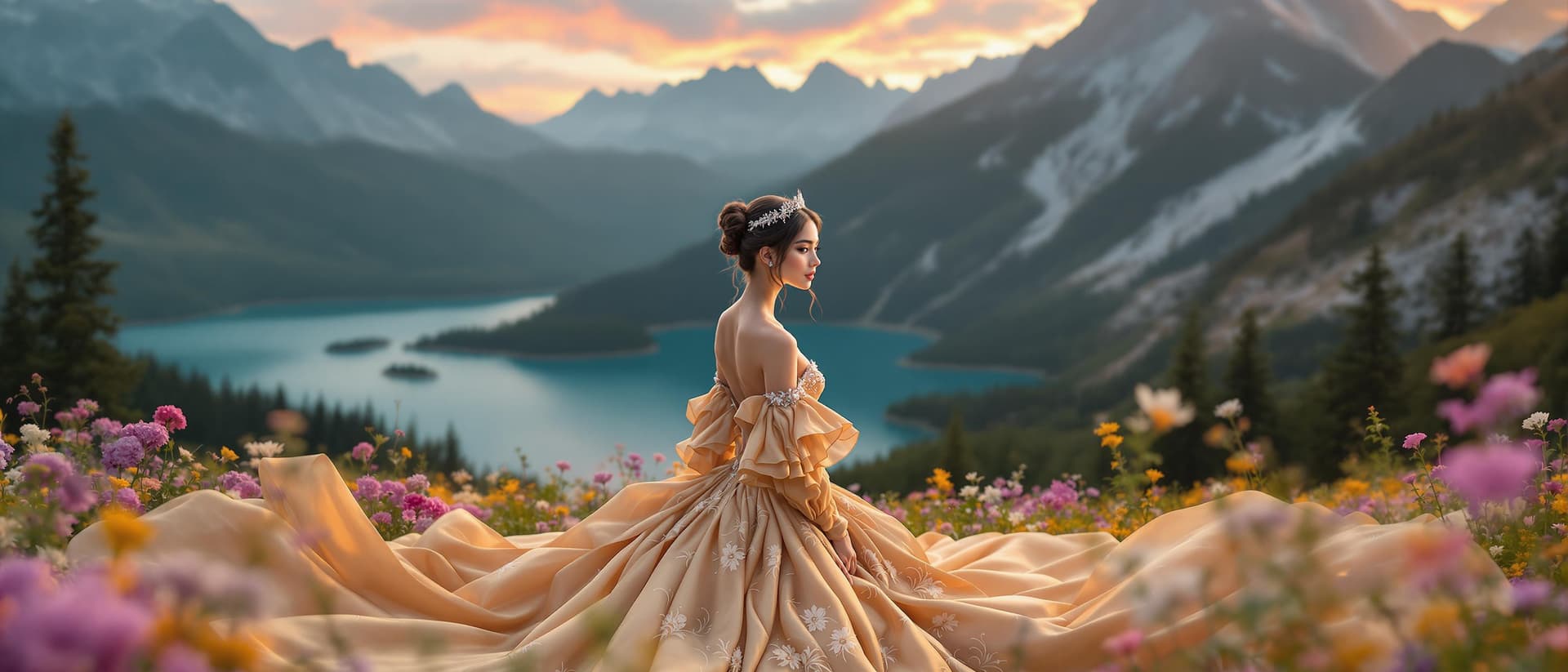 AI generated: a serene and enchanting scene of a woman standing in a field of vibrant flowers, with a majestic lak...