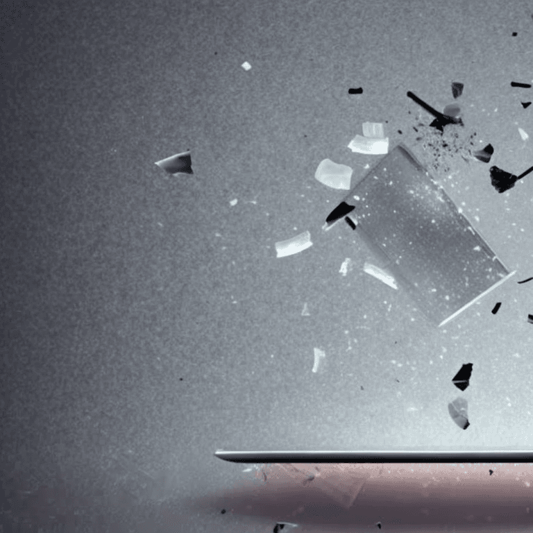 AI generated: Front view, broken screen with glass fragments, a big baseball bat hits a laptop, a lot of money is ...