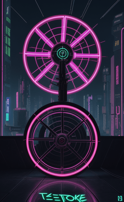 AI generated: Cyberpunk  Wheel Of Fortune Tarot Card, Words " Wheel Of Fortune ", High Contrast, Neon, Cyberpunk, ...