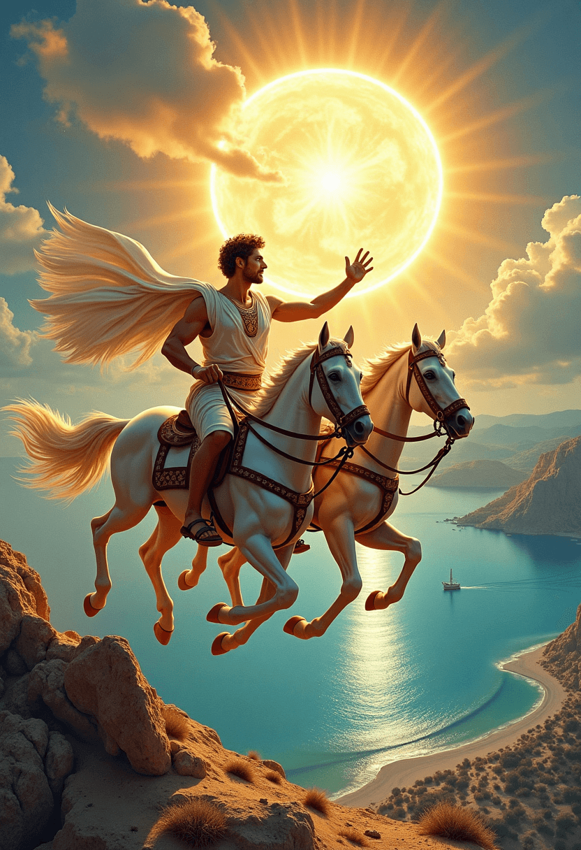 AI generated: Apollo, god of the sun, rides his chariot across the sky at mid-day over a Greek island landscape. T...