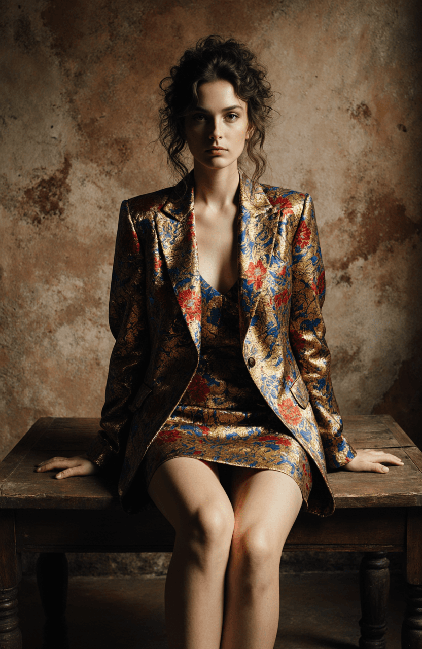 AI generated: A cinematic editorial portrait of a woman sitting barefoot on a rustic wooden table against a textur...