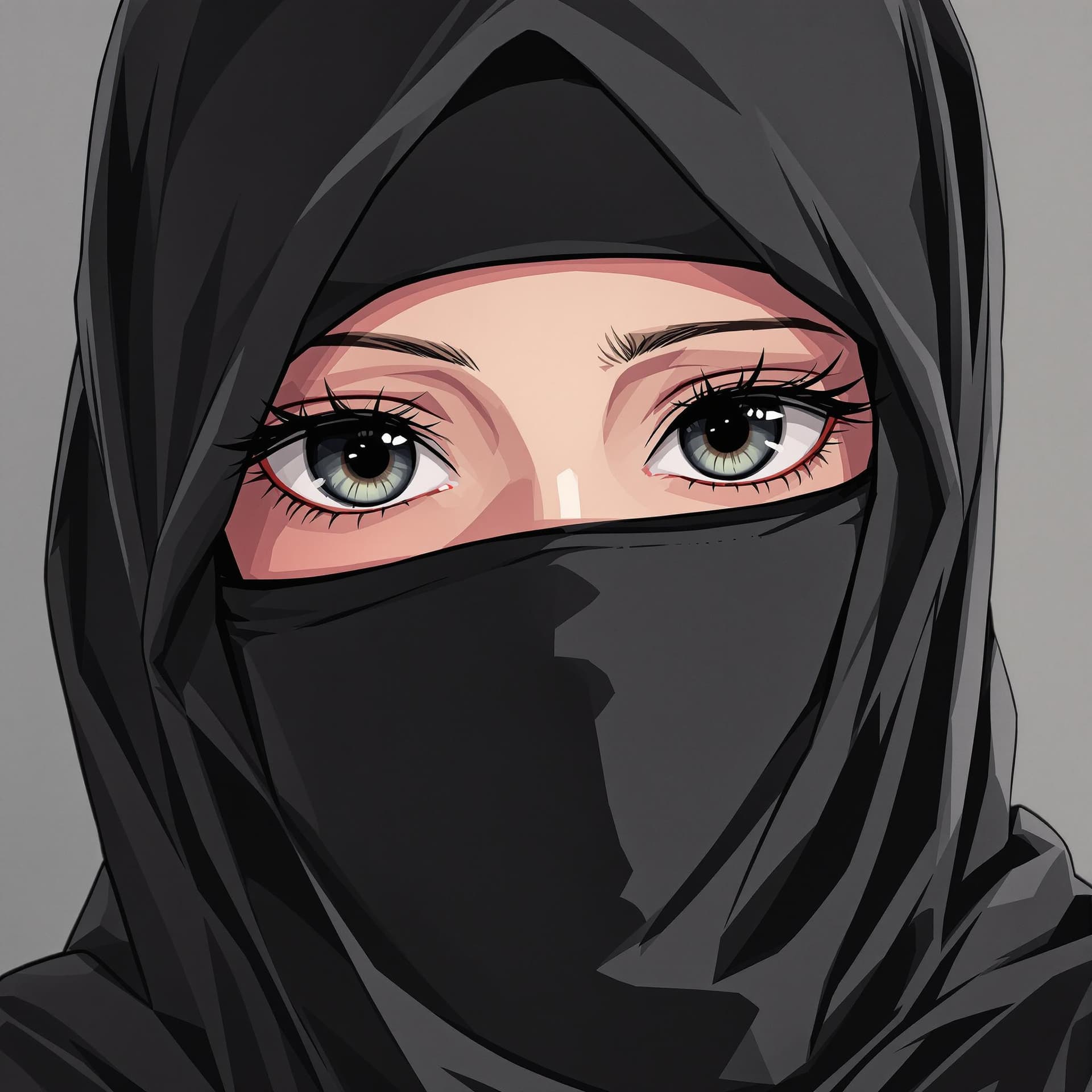 AI generated: manga anime, upper body, wearing a black hijab with the covering face like a Arabian woman in black ...