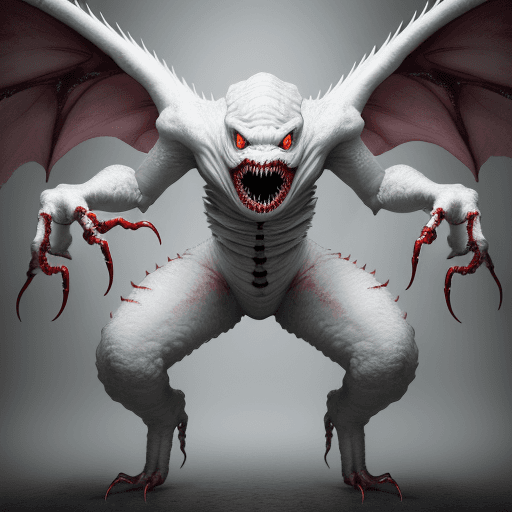 AI generated:  high quality foto of a big white monster, 10 legs, 3 arms, slimy, 3 grimaces with big teeth, wings,...