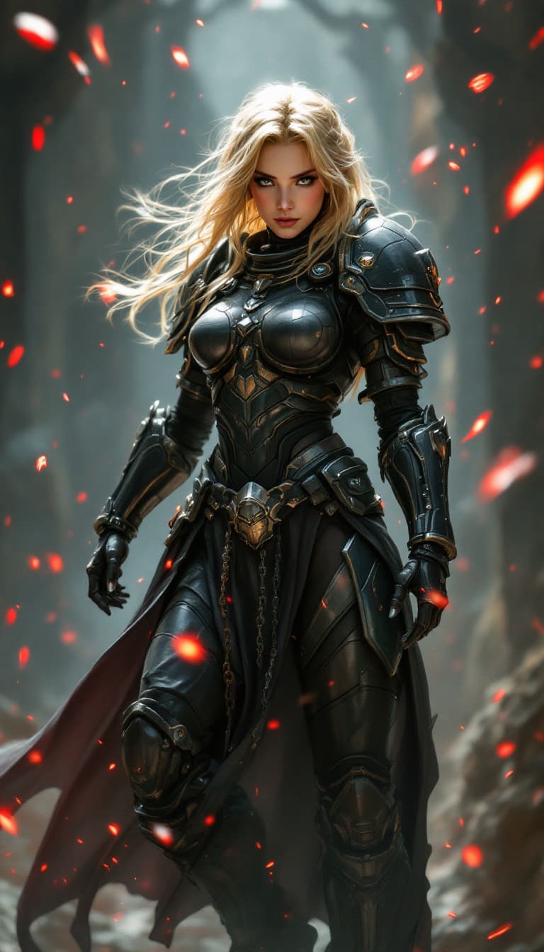 AI generated:  dynamic angle, full body view, realistic, female space marine, blonde hair, armored, pelvic curtain...