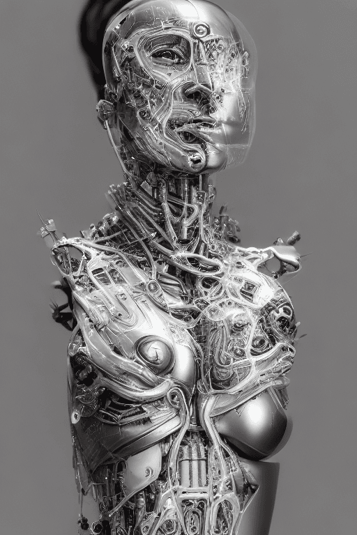 AI generated: cyborg woman| with a visible detailed face| biopunk| cybernetic| cyberpunk| silver marble bust| cano...