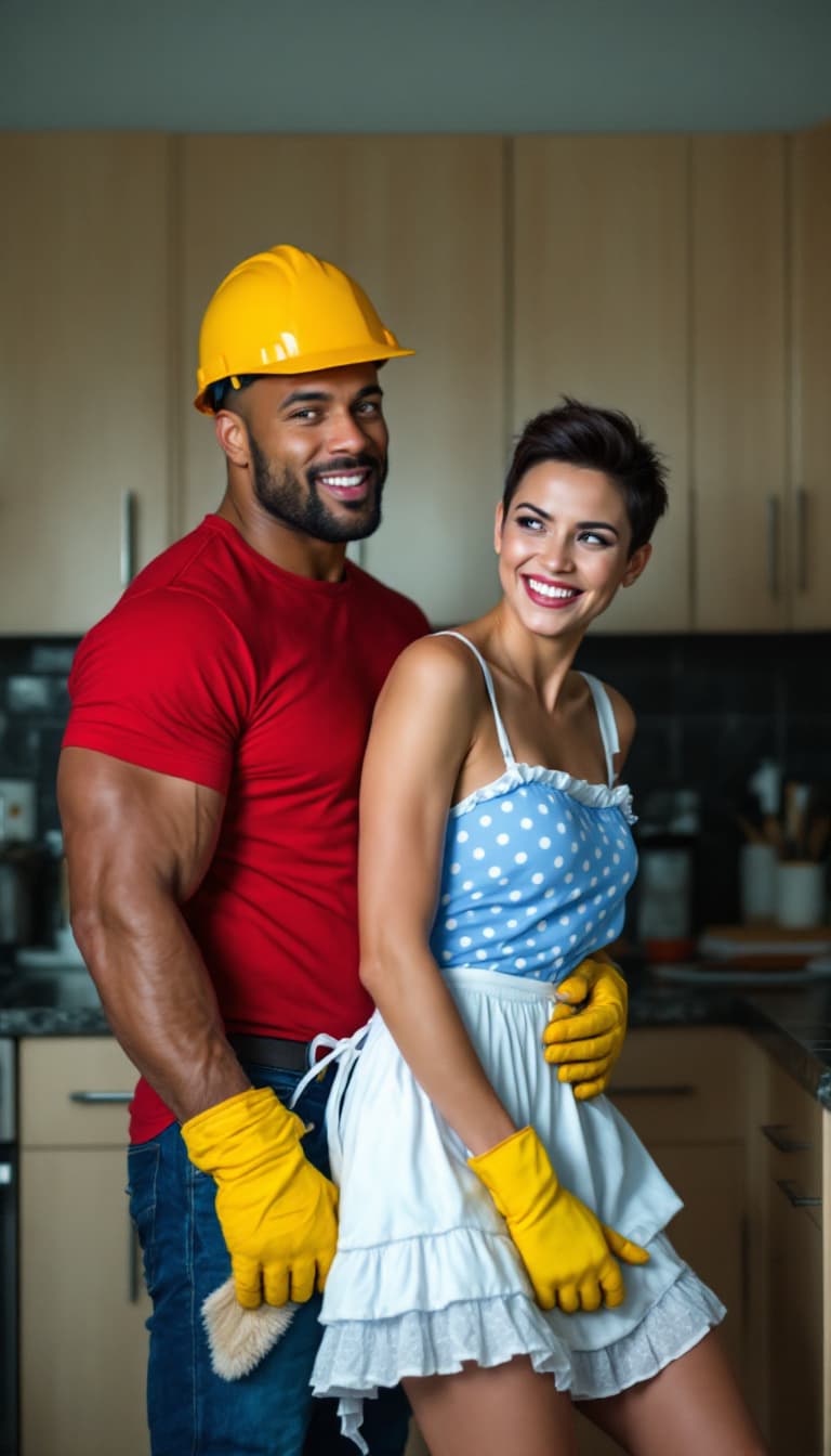 AI generated: A medium shot of a man and a woman in a domestic setting, suggestive comedic scene.  
The muscled ma...