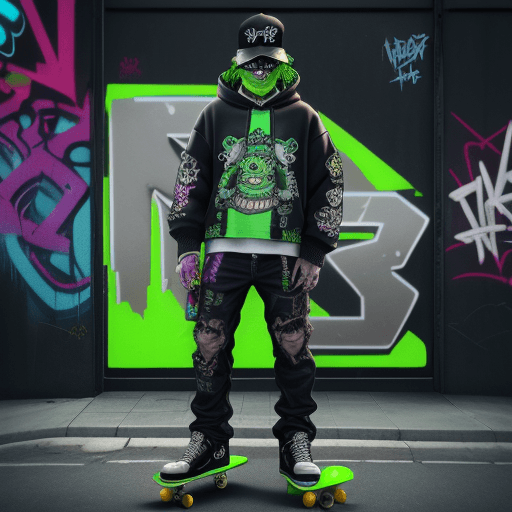 AI generated: Cyberpunk style, a frog (pepe meme coin) standing on a skateboard, wearing a backwards baseball cap ...