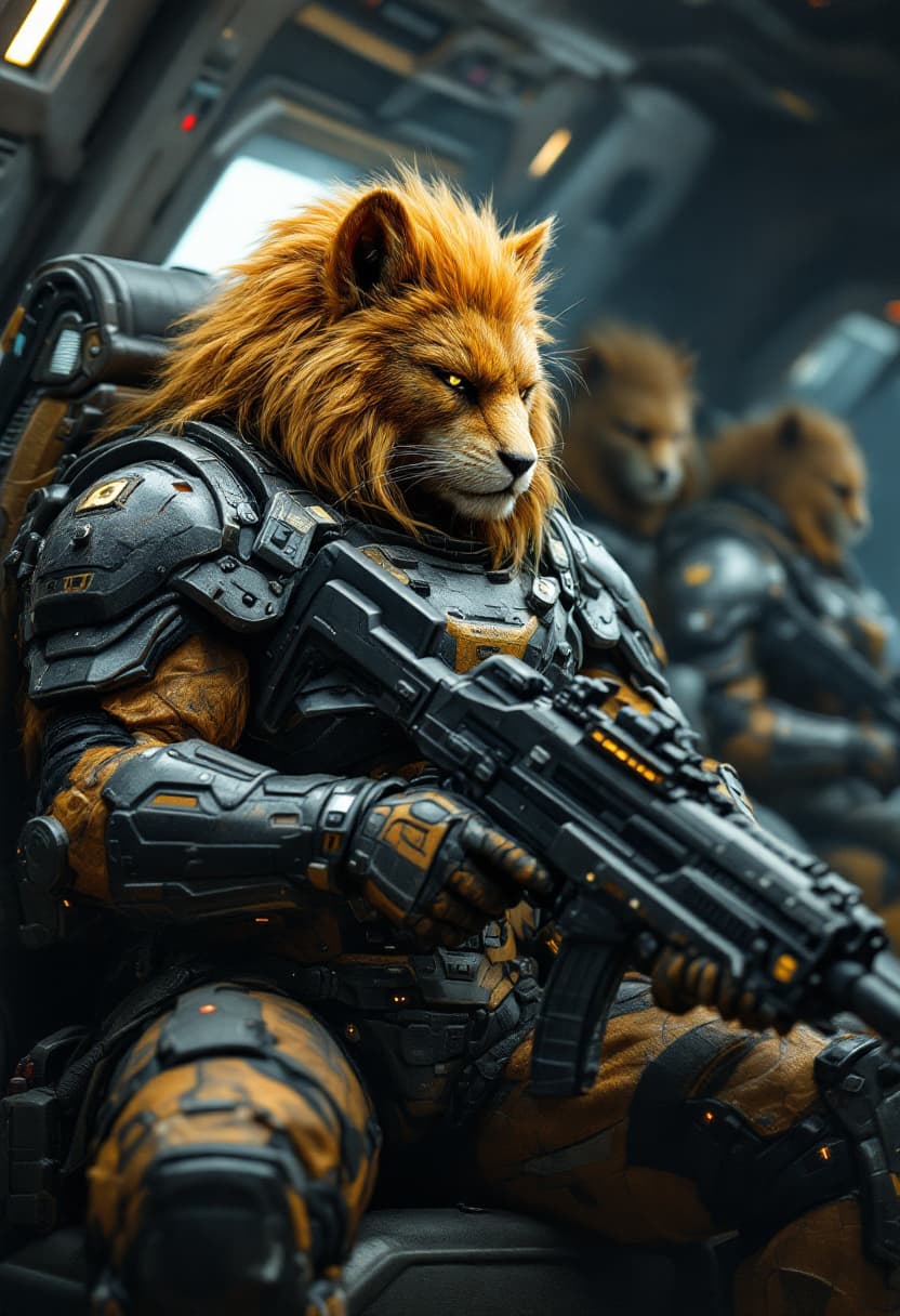 AI generated: A 50yo humanoid mixed with feline blood and hair like a golden mane futuristic space marine in heavy...