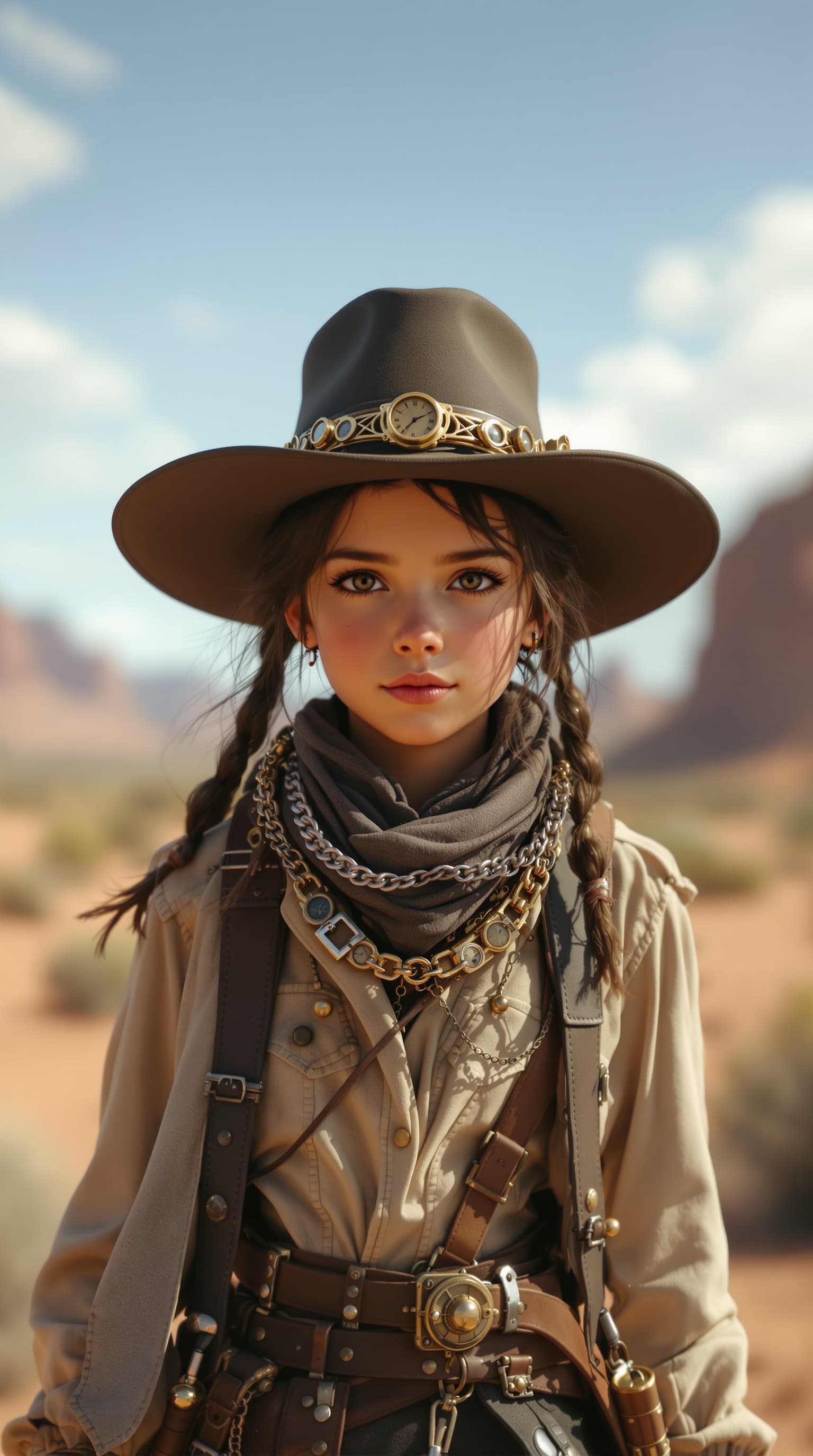 AI generated: A hyper-realistic depiction of a twelve year old Jenna Ortega playing the role of a steampunk high p...
