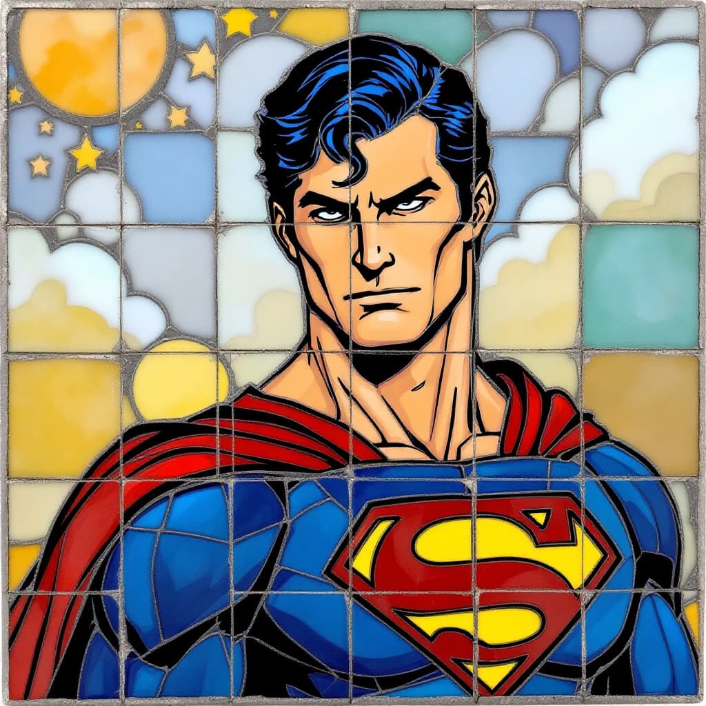 AI generated: stained glass, 3x3 Talavera tiles, Superman