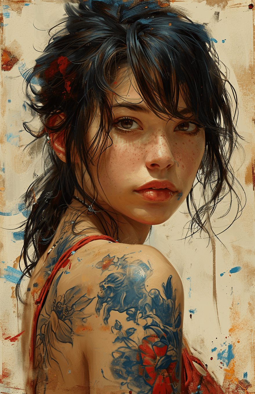AI generated: an illustration of a girl with tattoos on a grunge background, in the style of bo chen, bold graphic...