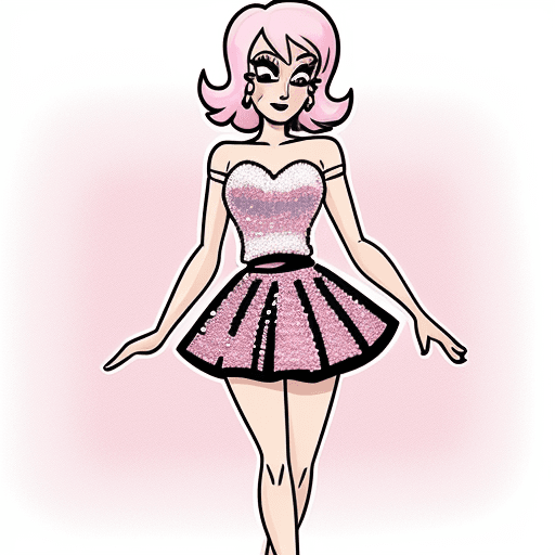 AI generated: Pink, sequin, Knee length  skirt cartoon drawing, like Cartoon Solutions Comics