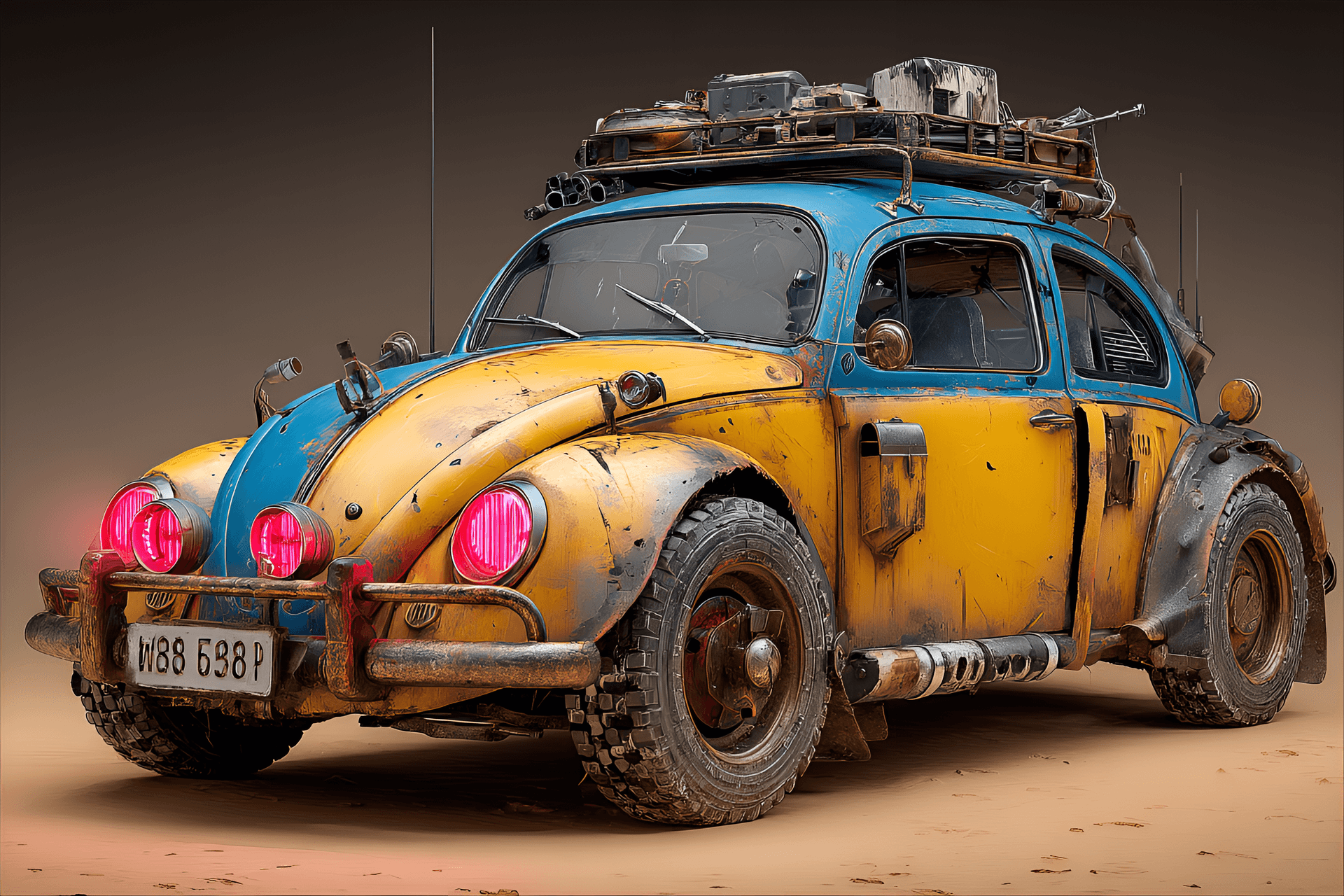 AI generated: Rusty, modified Volkswagen Beetle, front view, heavily customized post-apocalyptic car, vibrant yell...