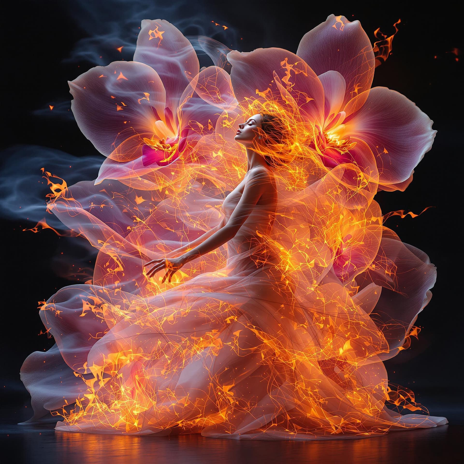 AI generated: triple exposure photograph of an ethereal dancer in flowing fabrics surrounded by large orchid petal...