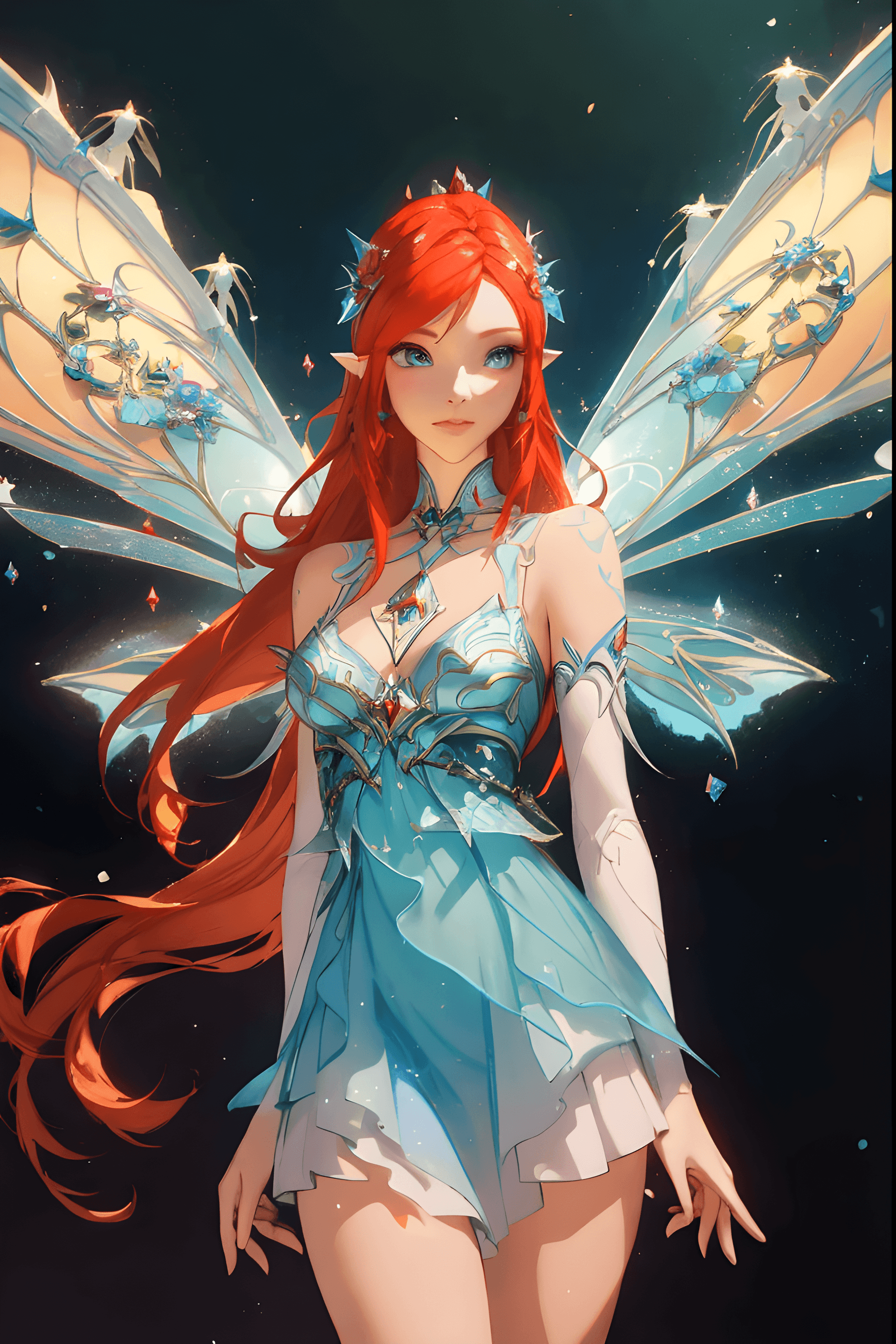 AI generated: a woman with long red hair wearing a blue dress, fairy cgsociety, beautiful fairie, beautiful adult ...