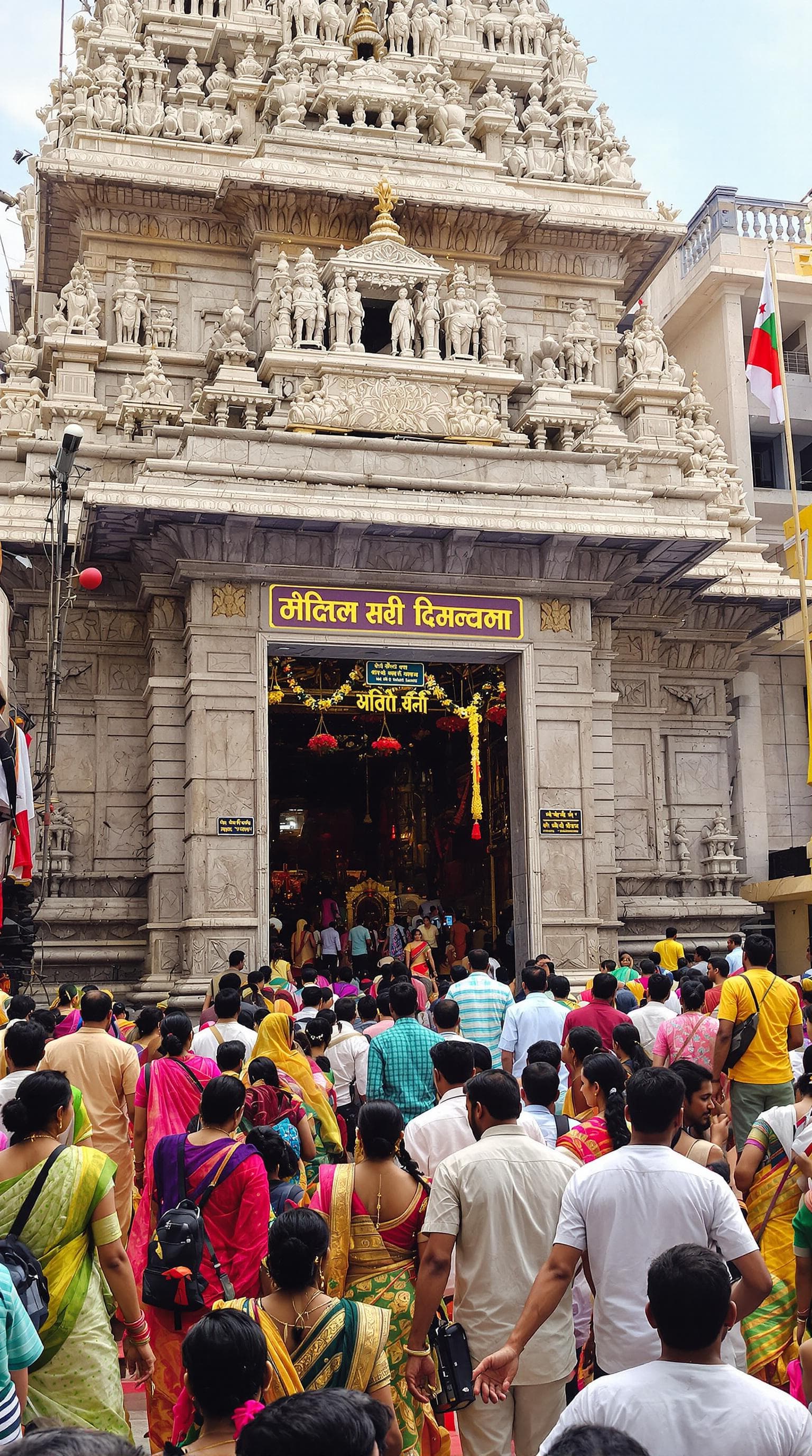 AI generated: A south Indian women coming out of a fully crowded south Indian temple. 