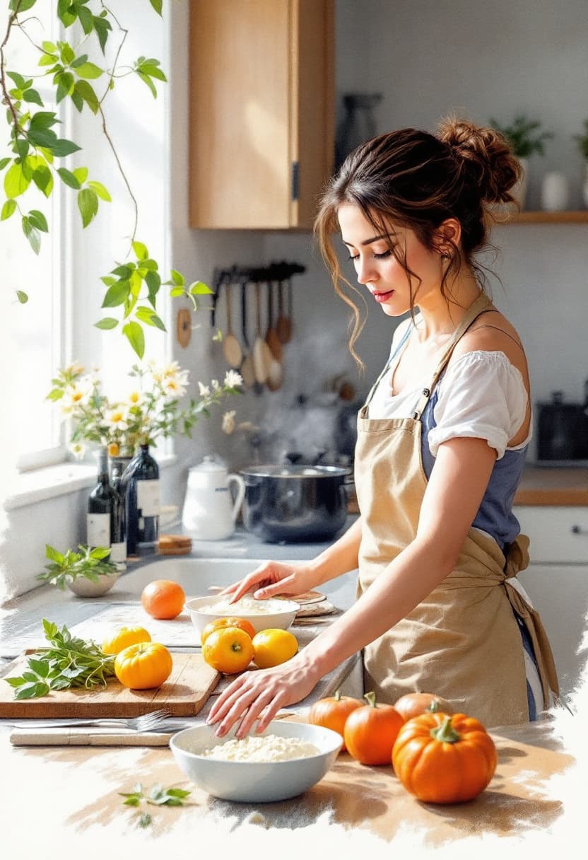 AI generated: Art Sketch, Beautiful colored pencil sketch, Beautiful brushwork, Beautiful, Housewife cooking in ki...