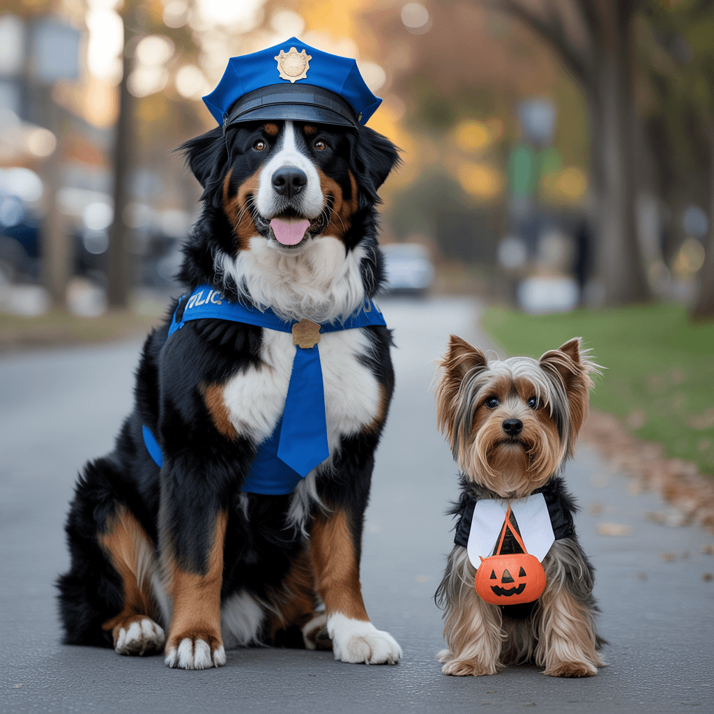 AI generated: Create a highly detailed photograph of a much bigger Bernese Mountain Dog and a Yorkshire terrier dr...
