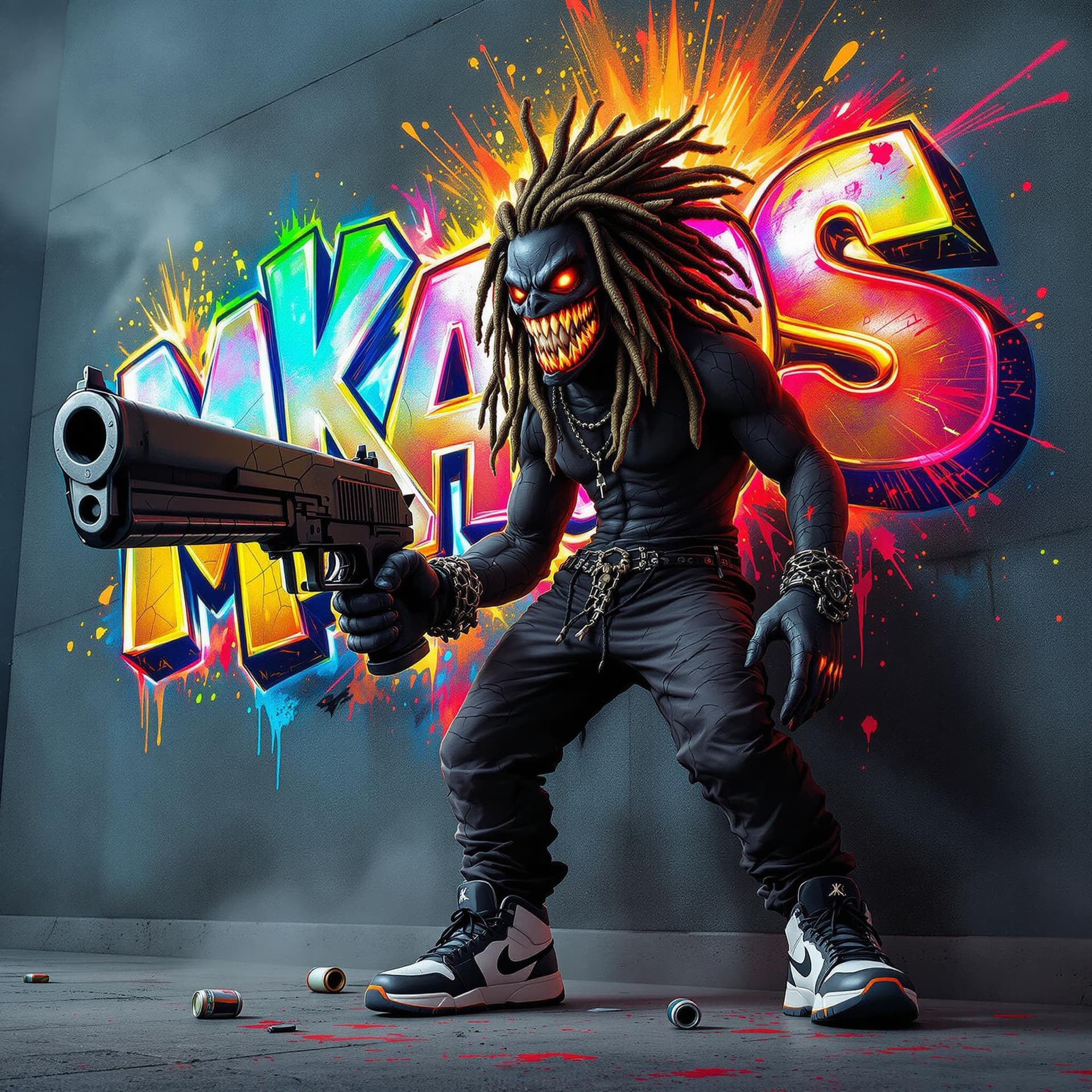 AI generated: a evil graffiti anime style character with really dark coal black skin and glowing eyes, there shoul...